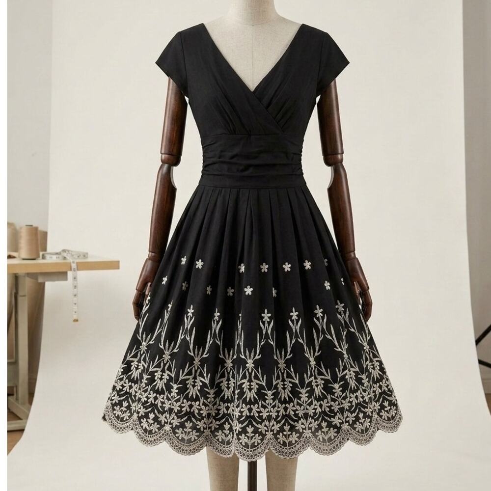 Gorgeous Black Fit & Flare Midi Dress with White Floral Embroidery - Size 10
